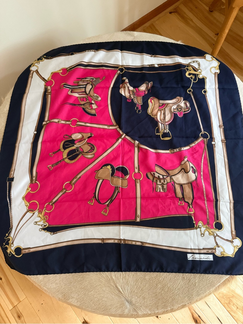 Signed vintage Leonardi Equestrian Pink & Navy Silk Scarf